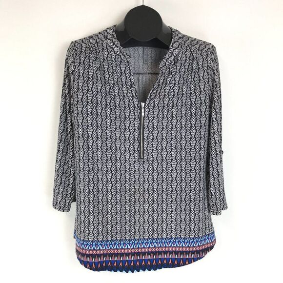 By Design Split Neck Tunic Women's Large Roll Tab Sleeves Stretch Knit Zipper - Picture 1 of 13